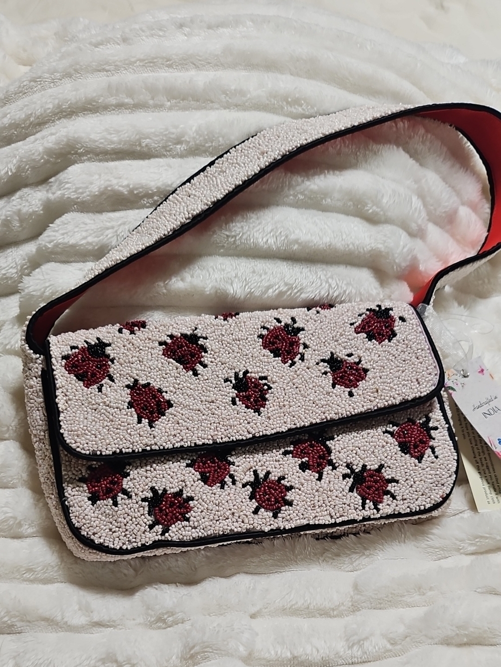 Viral Beaded Ladybug Pattern Shoulder Bag - Pink and Red & Blk